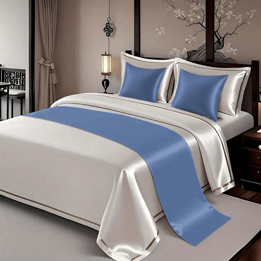 3pcs Slate Blue Bed Runner & Pillow Cover Set, Glam Bedding Decor For Bedroom Hotel, Holiday Home Ornament